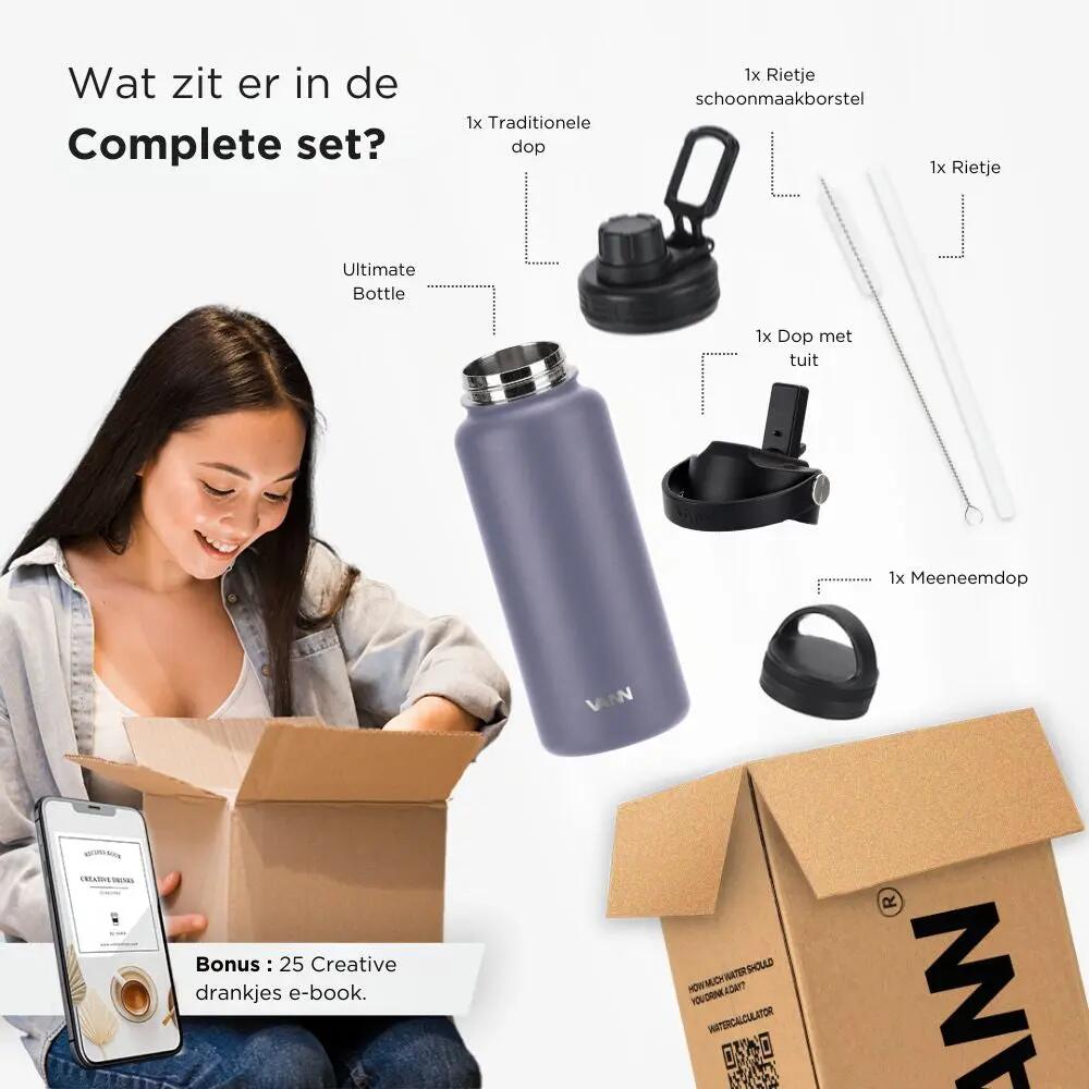 Drinkfles - Ultimate Bottle 1 L - 3-wandig RVS met rietje - Lavender Grey 10/12