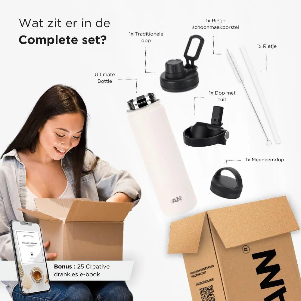 RVS drinkfles met rietje - Ultimate Bottle 650 ml - Off-white 10/12