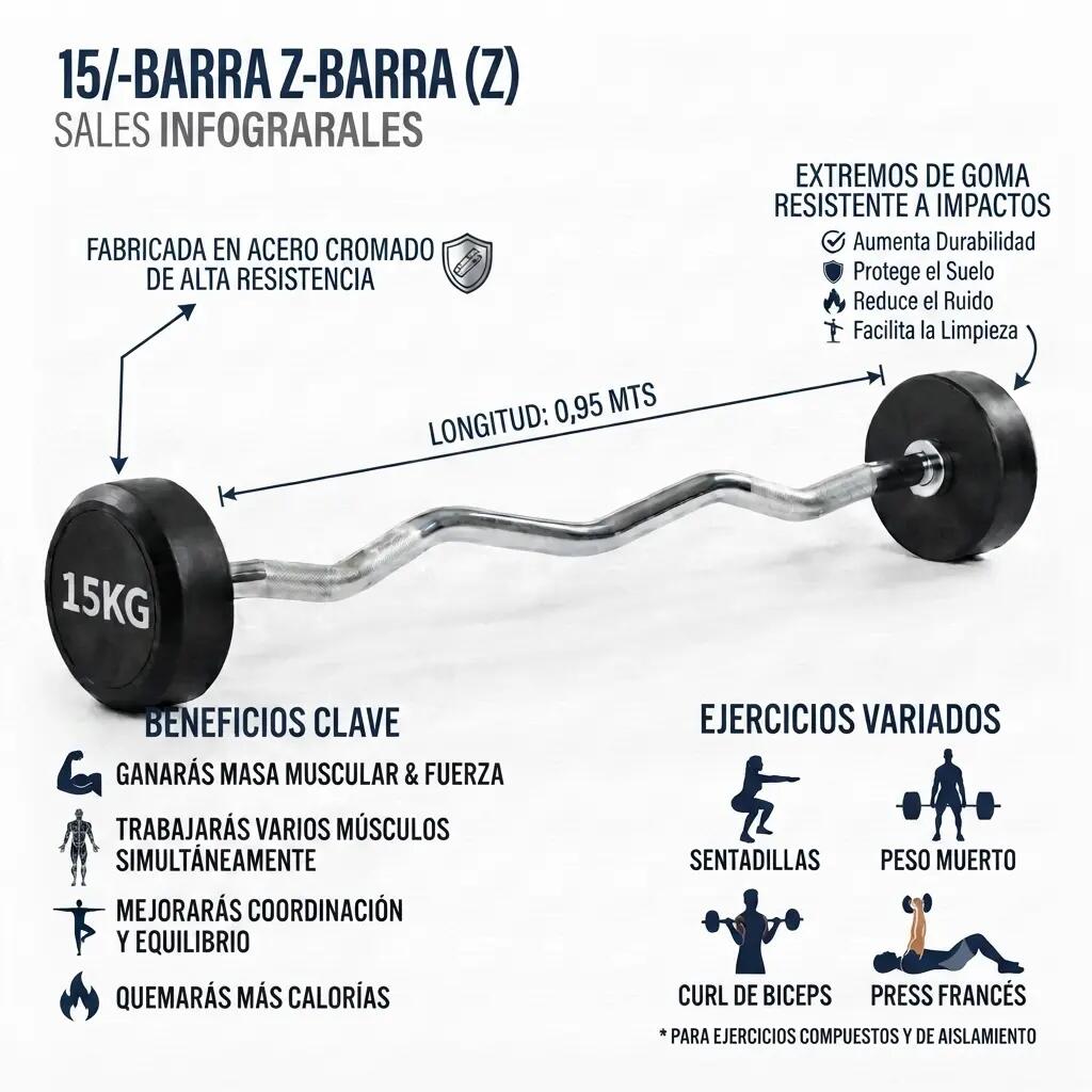 Barra de Pesas Curvada o Z Montada 15 kg Musculación Fitness 2/3