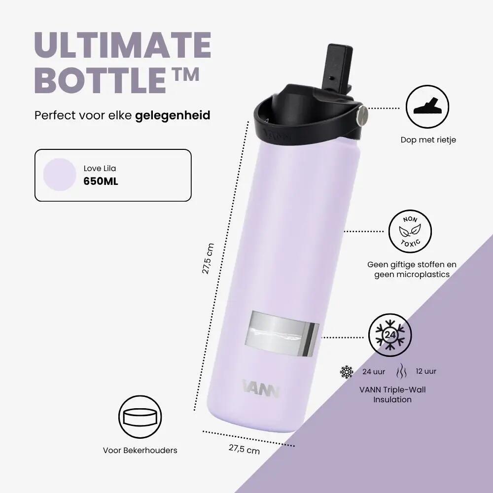 Drinkfles - Ultimate Bottle 650 ML - 3-wandig RVS met rietje - Love Lila 3/12