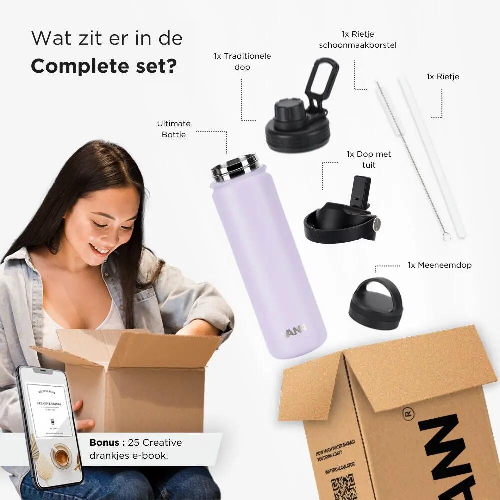 Drinkfles - Ultimate Bottle 650 ML - 3-wandig RVS met rietje - Love Lila 10/12