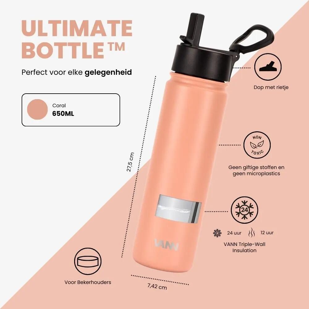 Drinkfles - Ultimate Bottle 650 ML - 3-wandig RVS met rietje - Coral 3/12