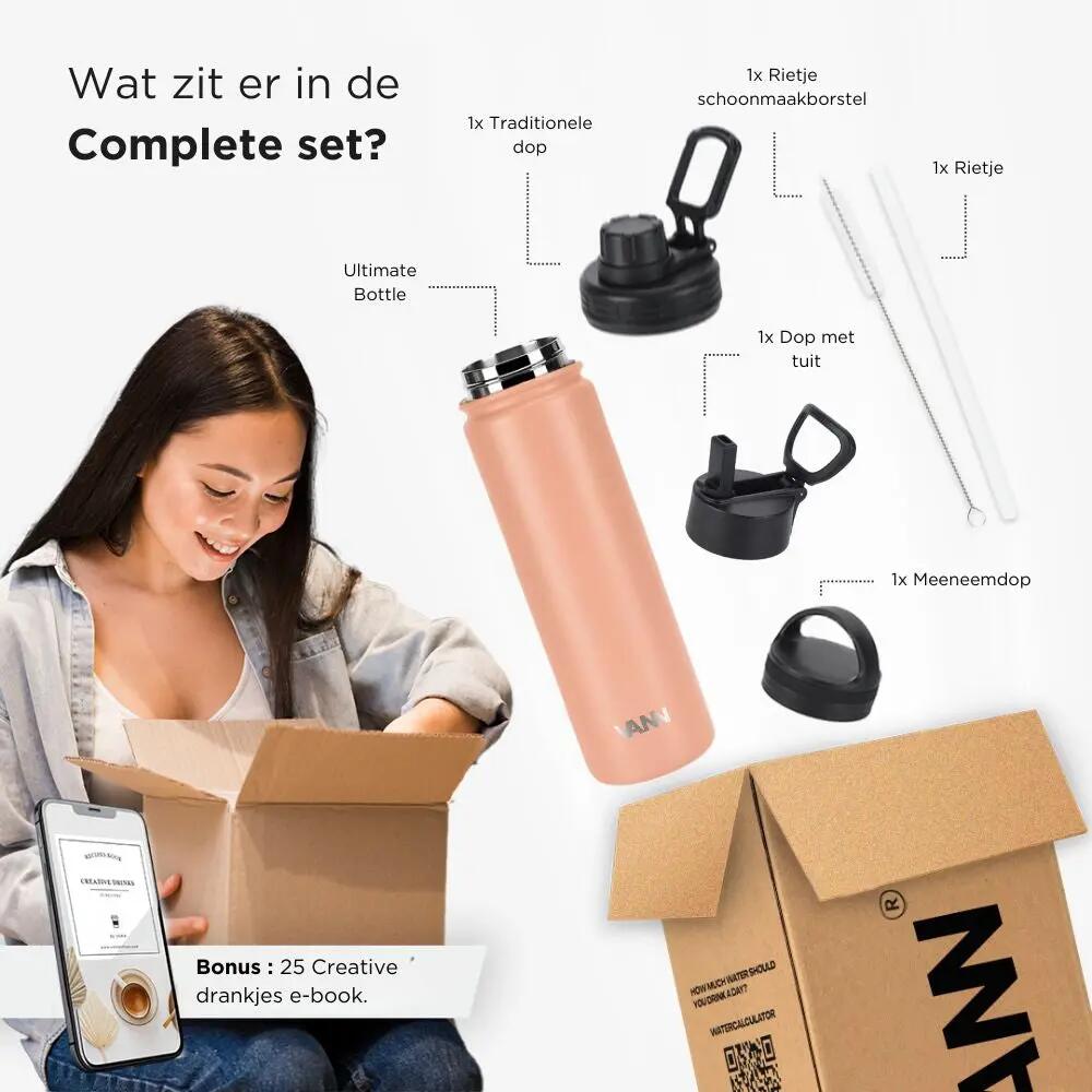 Drinkfles - Ultimate Bottle 650 ML - 3-wandig RVS met rietje - Coral 11/12