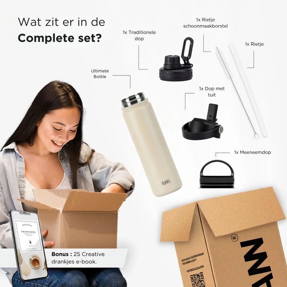 Drinkfles - Ultimate Bottle 650 ML - 3-wandig RVS met rietje - Oatmeal 6/12