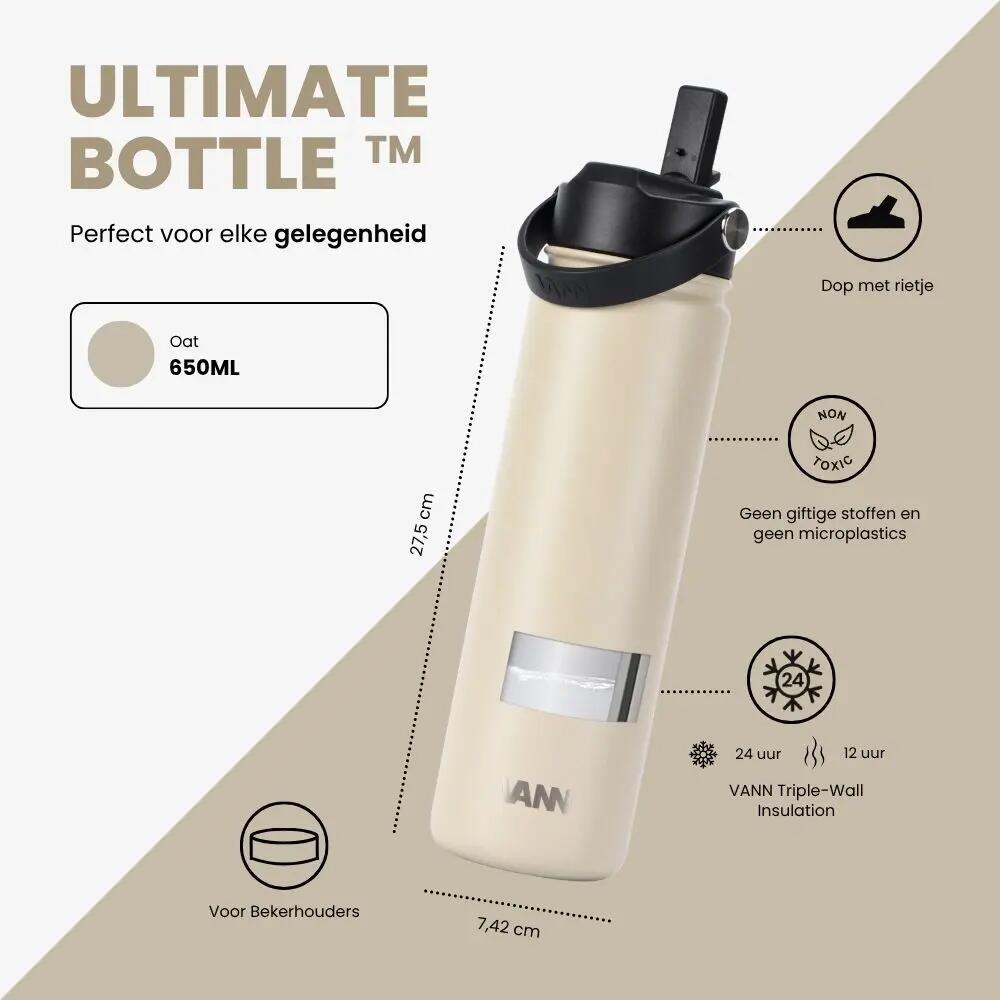 Drinkfles - Ultimate Bottle 650 ML - 3-wandig RVS met rietje - Oatmeal 3/12