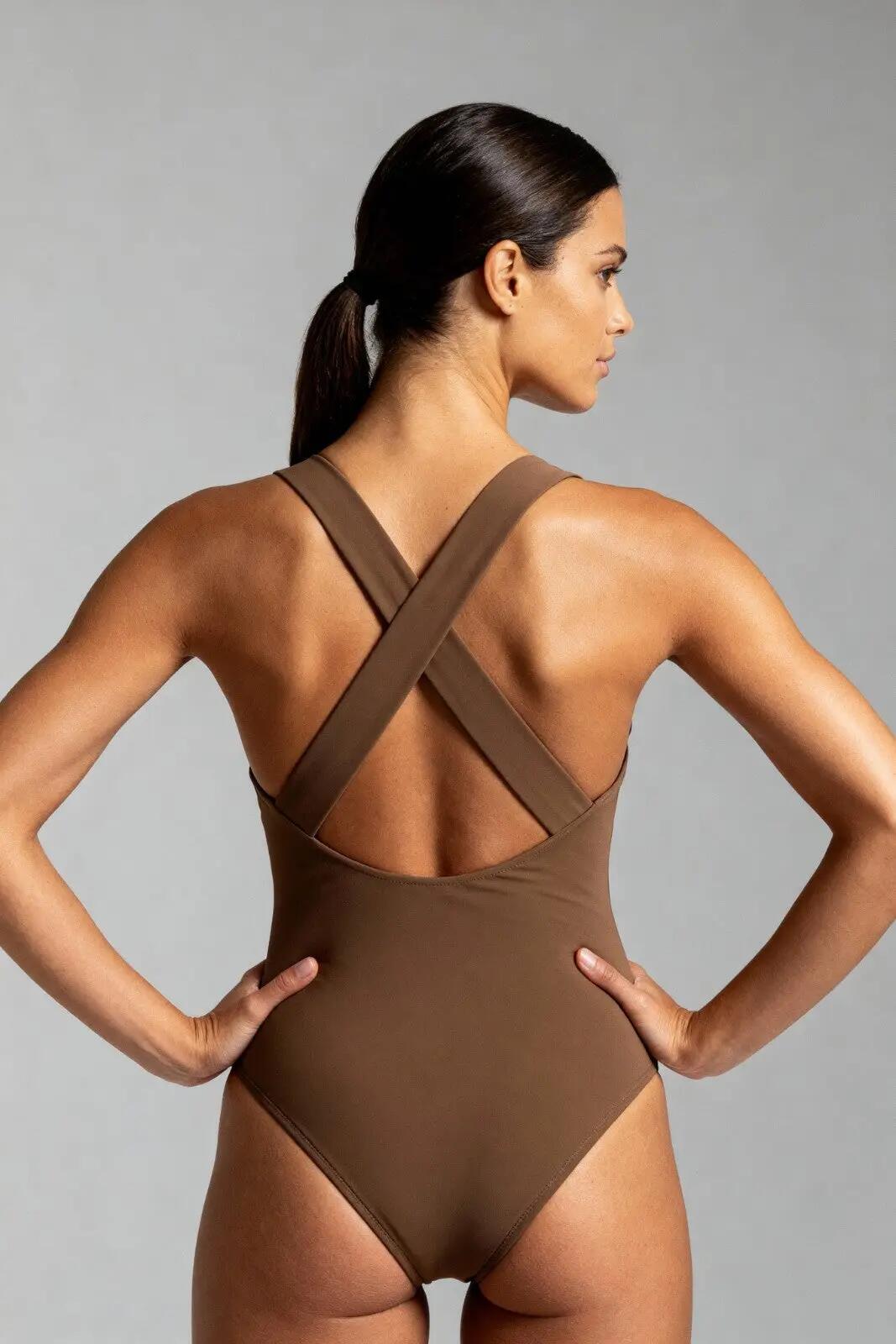 Maillot 1 Pièce Col Rond Premium Surf Natation Plongée Femme - Marron 3/7