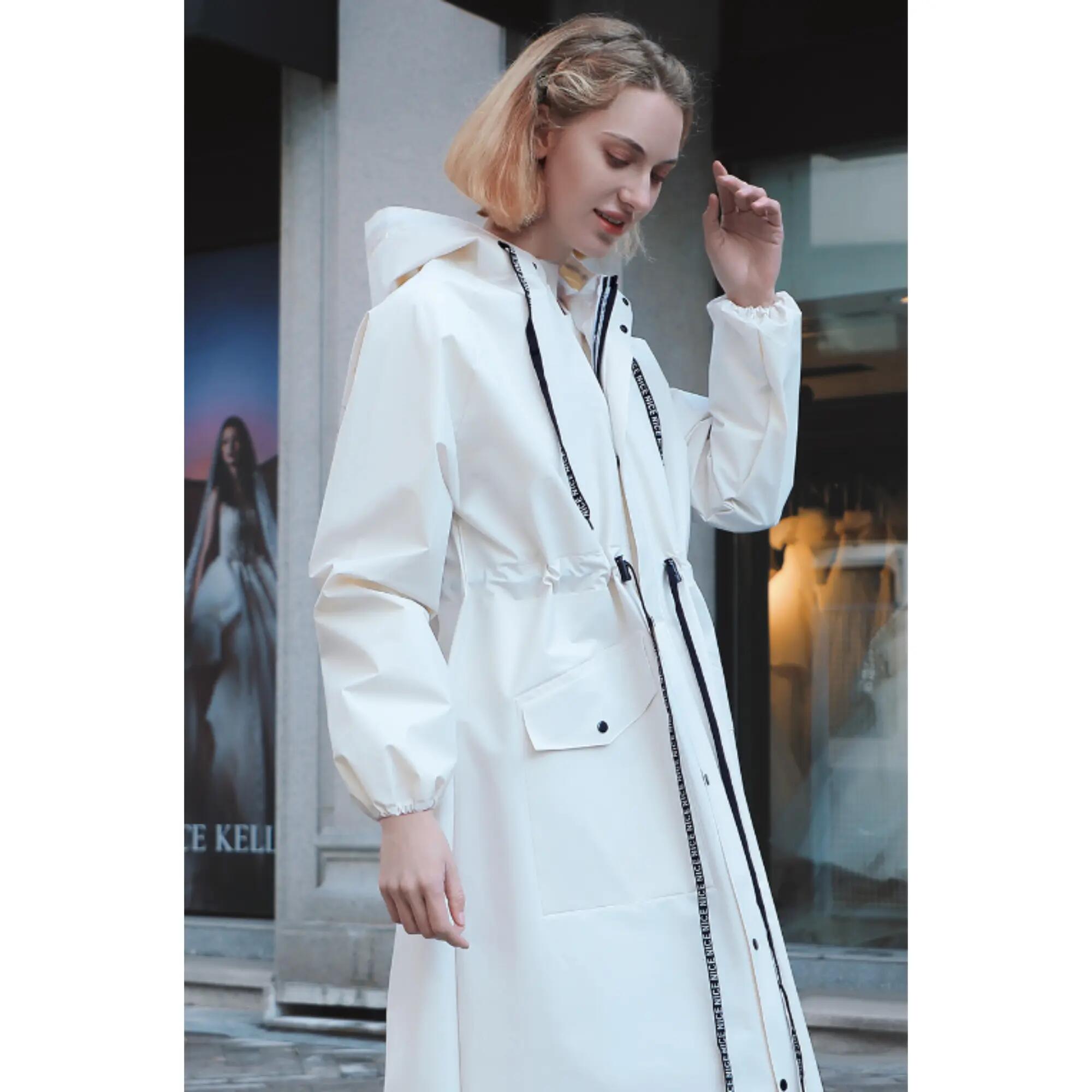 Women's Long Waterproof Rain Jacket with Hood and Visor - White L