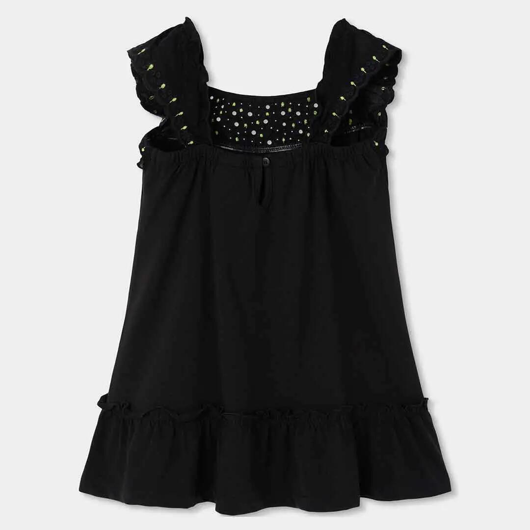 Vestido de punto para niña con bordados y volantes negro 2/4