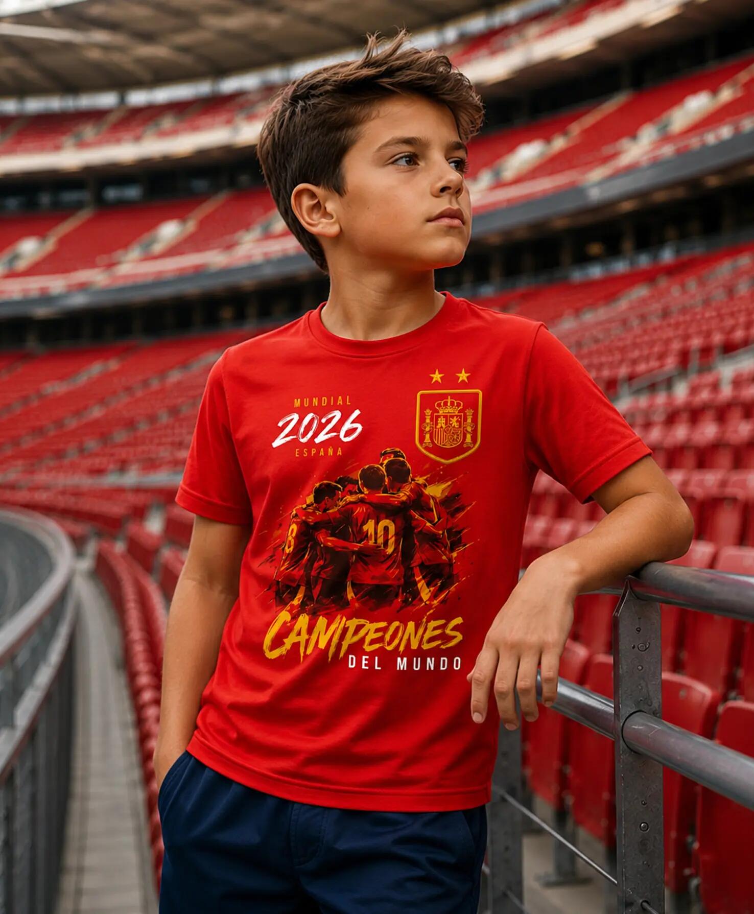 Camiseta manga corta de Niño España Campeones del Mundo 2026.Roja 3/4