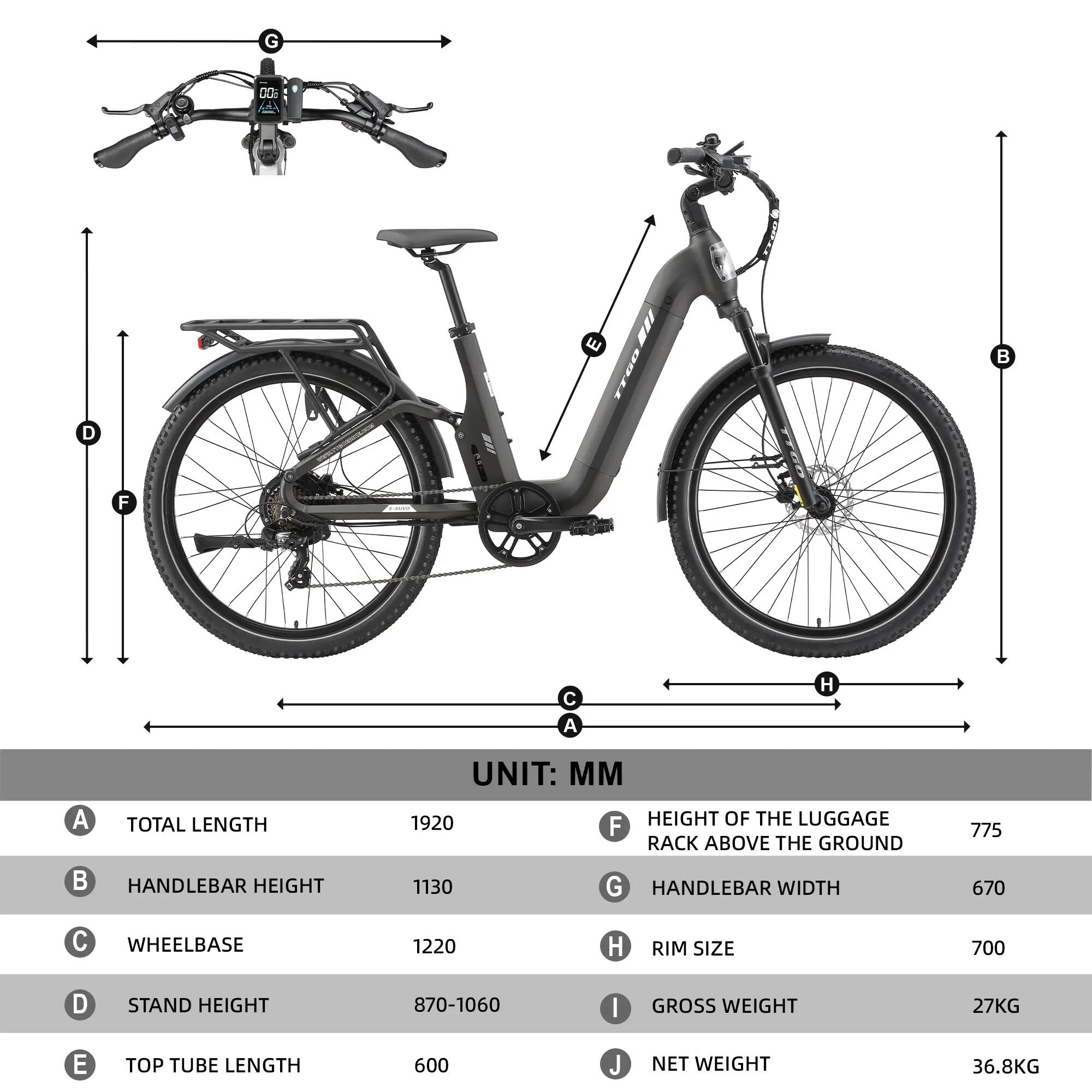 Bicicleta elétrica para adultos TTGO E-SUVO Bateria 48V15Ah 15/15