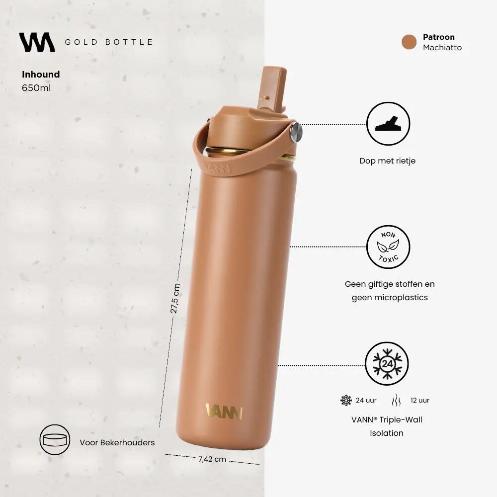 RVS drinkfles - Gold Bottle 650 ml - 3-wandig geïsoleerd - Macchiato 3/9