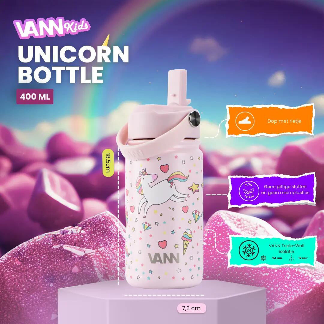 RVS kinderdrinkfles met rietje - Kids Bottle 400 ml - Unicorn 2/9