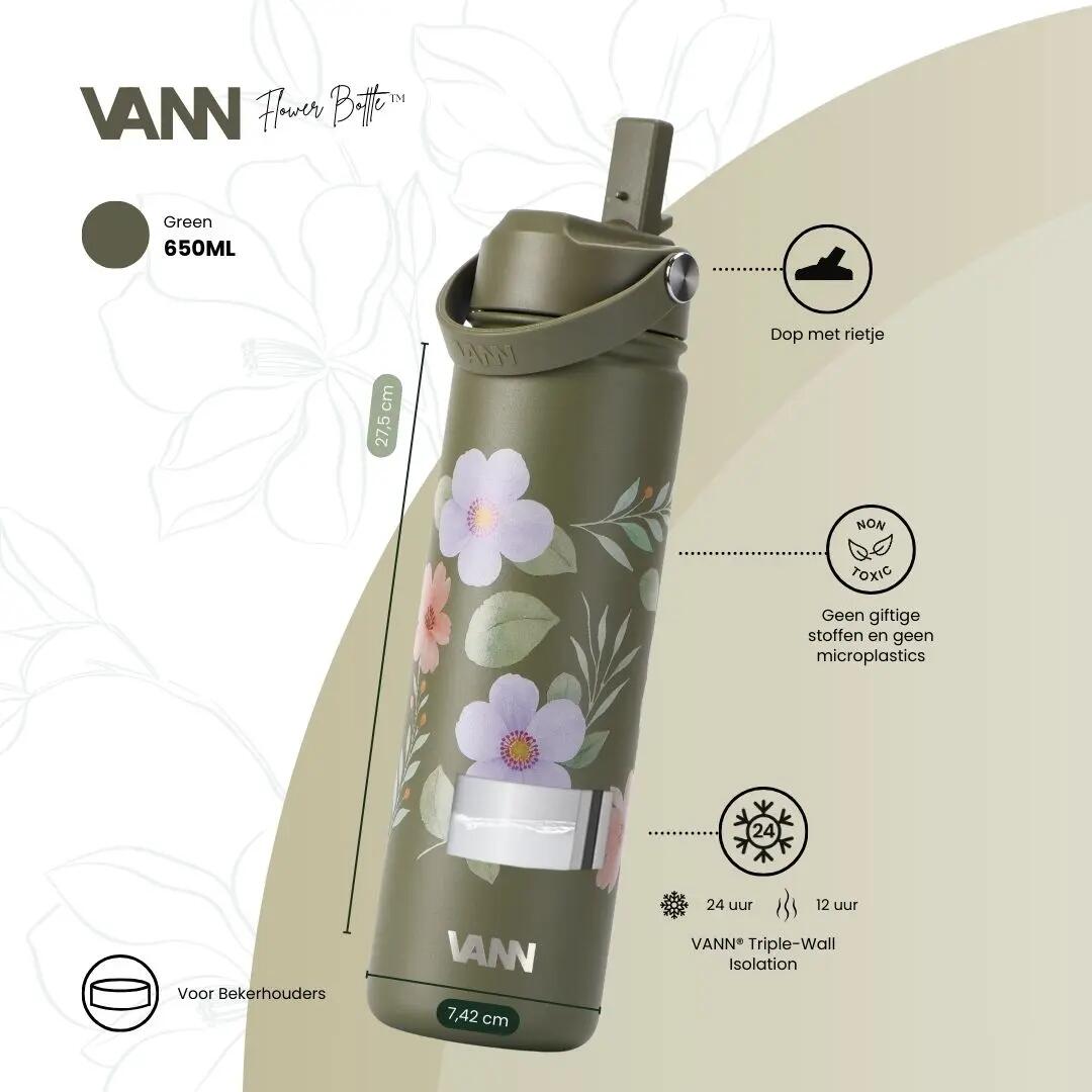 RVS drinkfles met rietje - Flower Bottle 650 ml - Groen 6/8
