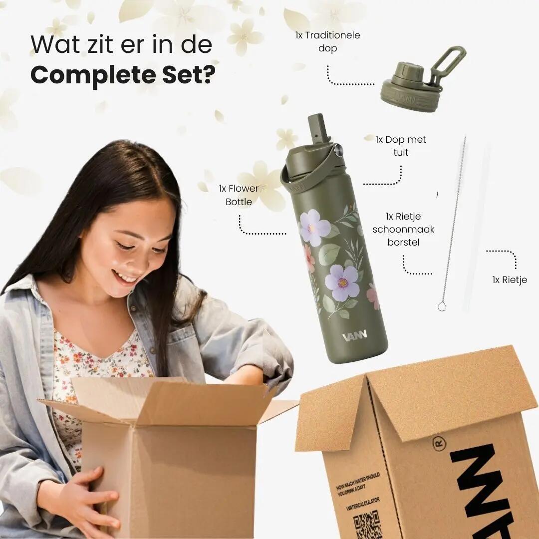 RVS drinkfles met rietje - Flower Bottle 650 ml - Groen 5/8