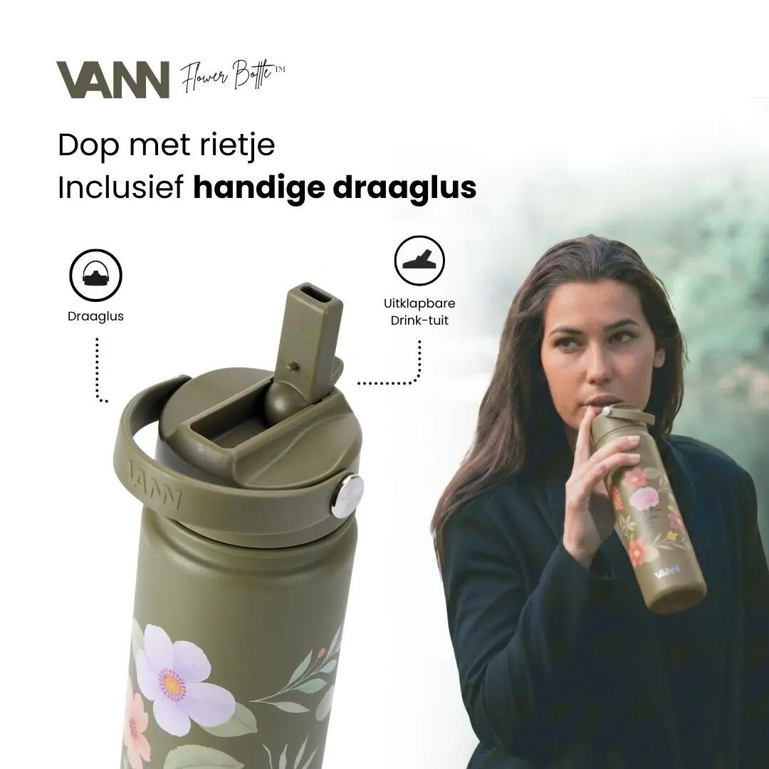 RVS drinkfles met rietje - Flower Bottle 650 ml - Groen 4/8