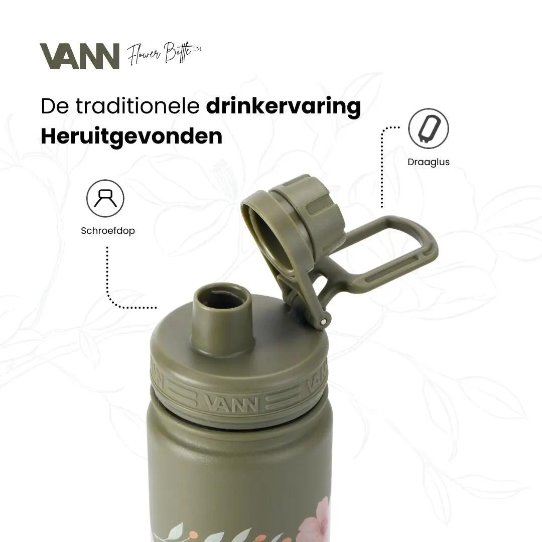 RVS drinkfles met rietje - Flower Bottle 650 ml - Groen 3/8