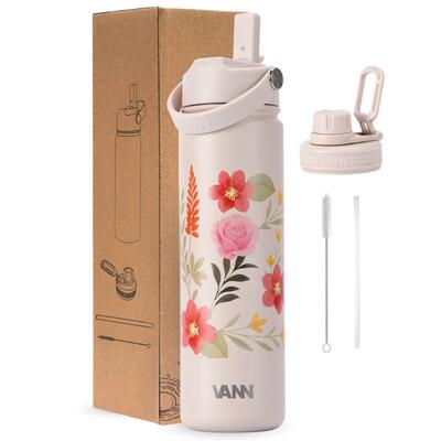 Rvs drinkfles met rietje - flower bottle 650 ml - geel