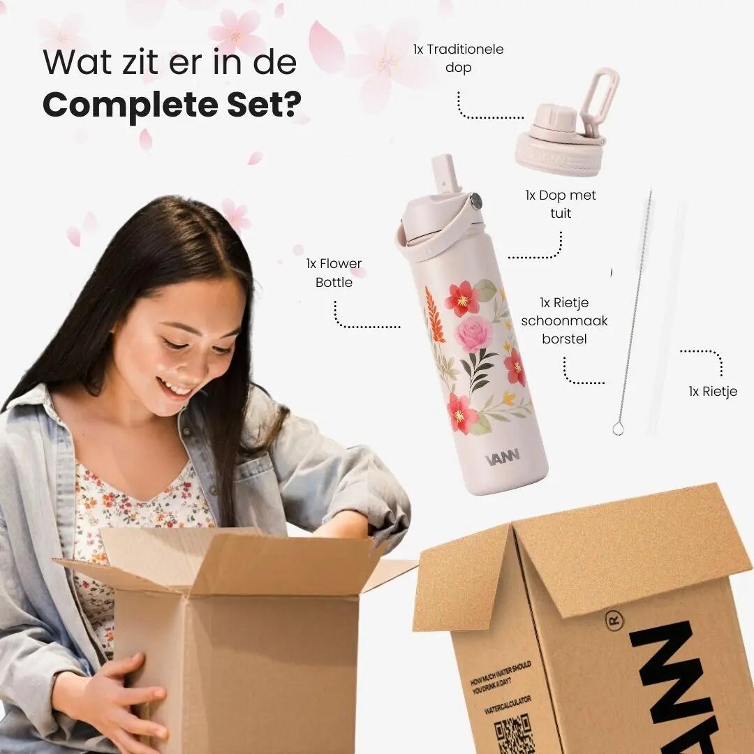 RVS drinkfles met rietje - Flower Bottle 650 ml - Pastel 6/8