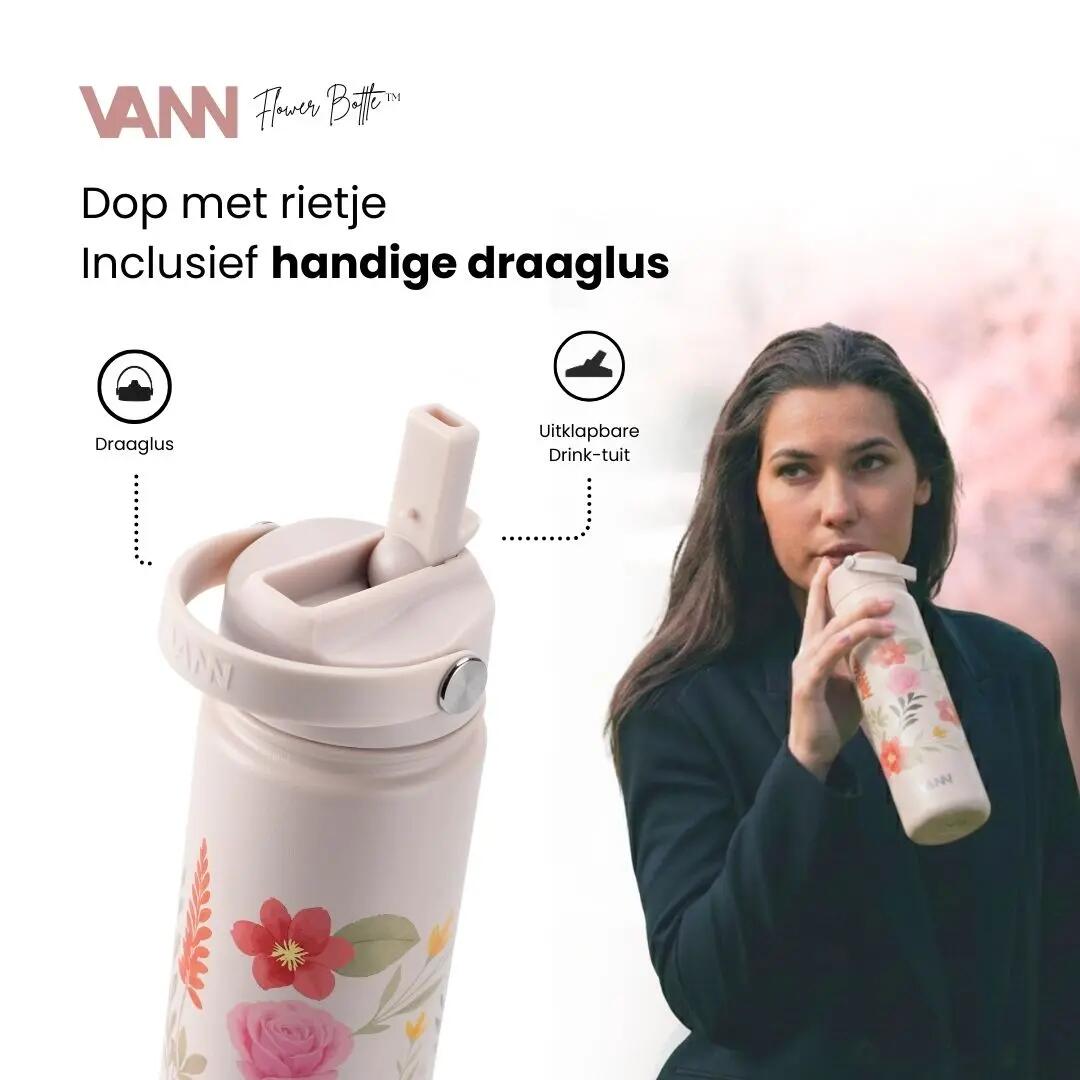 RVS drinkfles met rietje - Flower Bottle 650 ml - Pastel 5/8