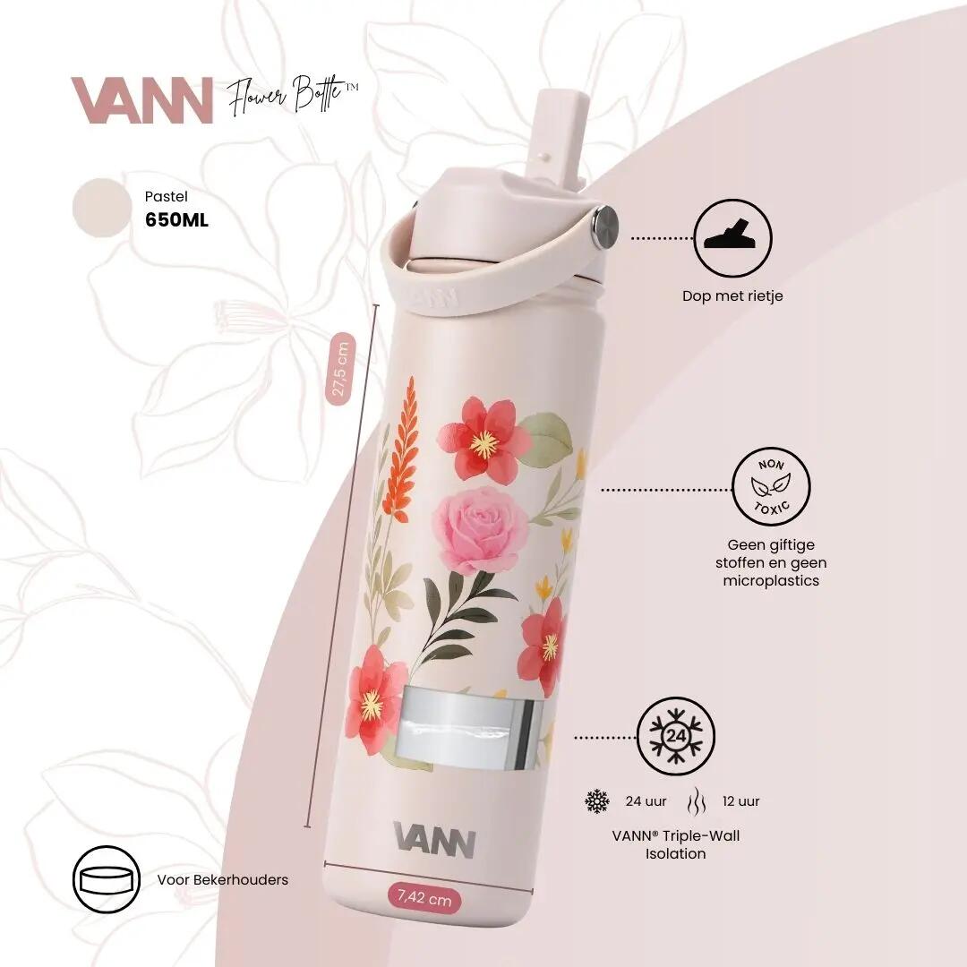 RVS drinkfles met rietje - Flower Bottle 650 ml - Pastel 2/8