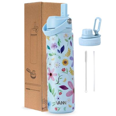 Rvs drinkfles met rietje - flower bottle 650 ml - geel