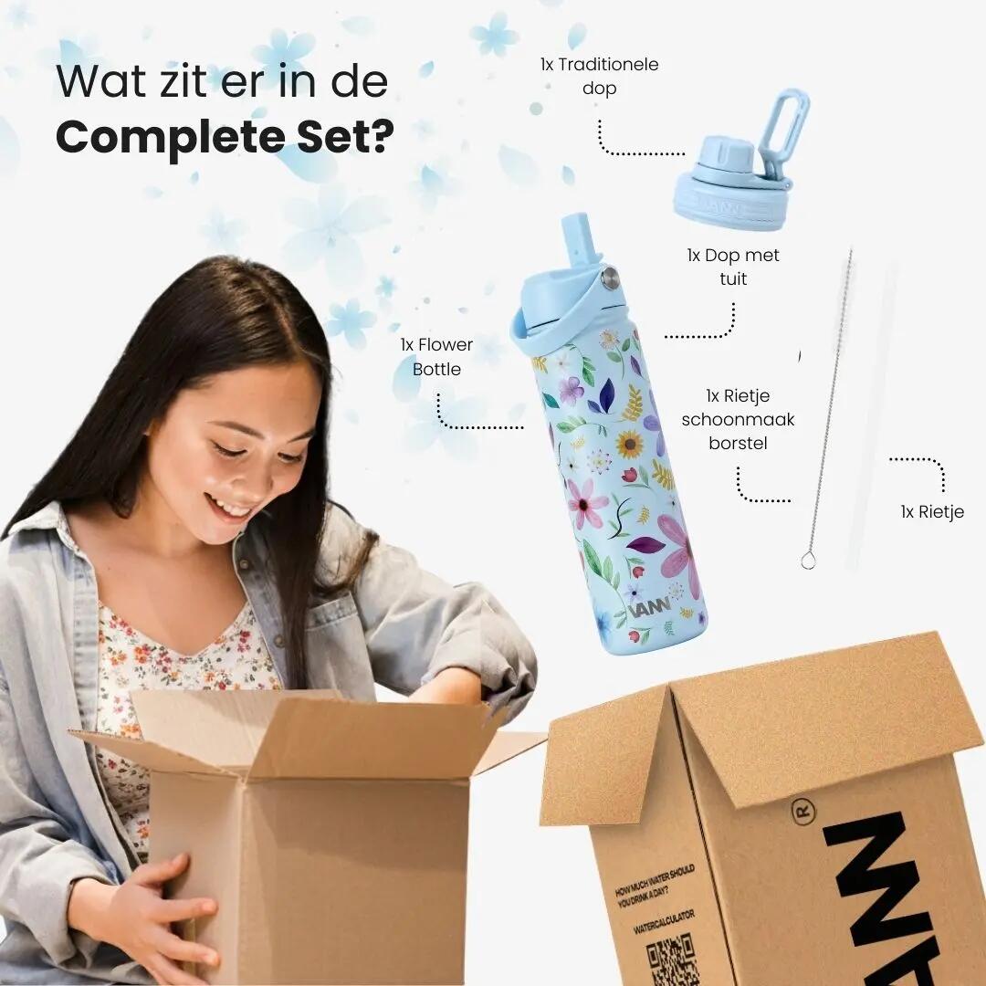 RVS drinkfles met rietje - Flower Bottle 650 ml - Blauw 6/8