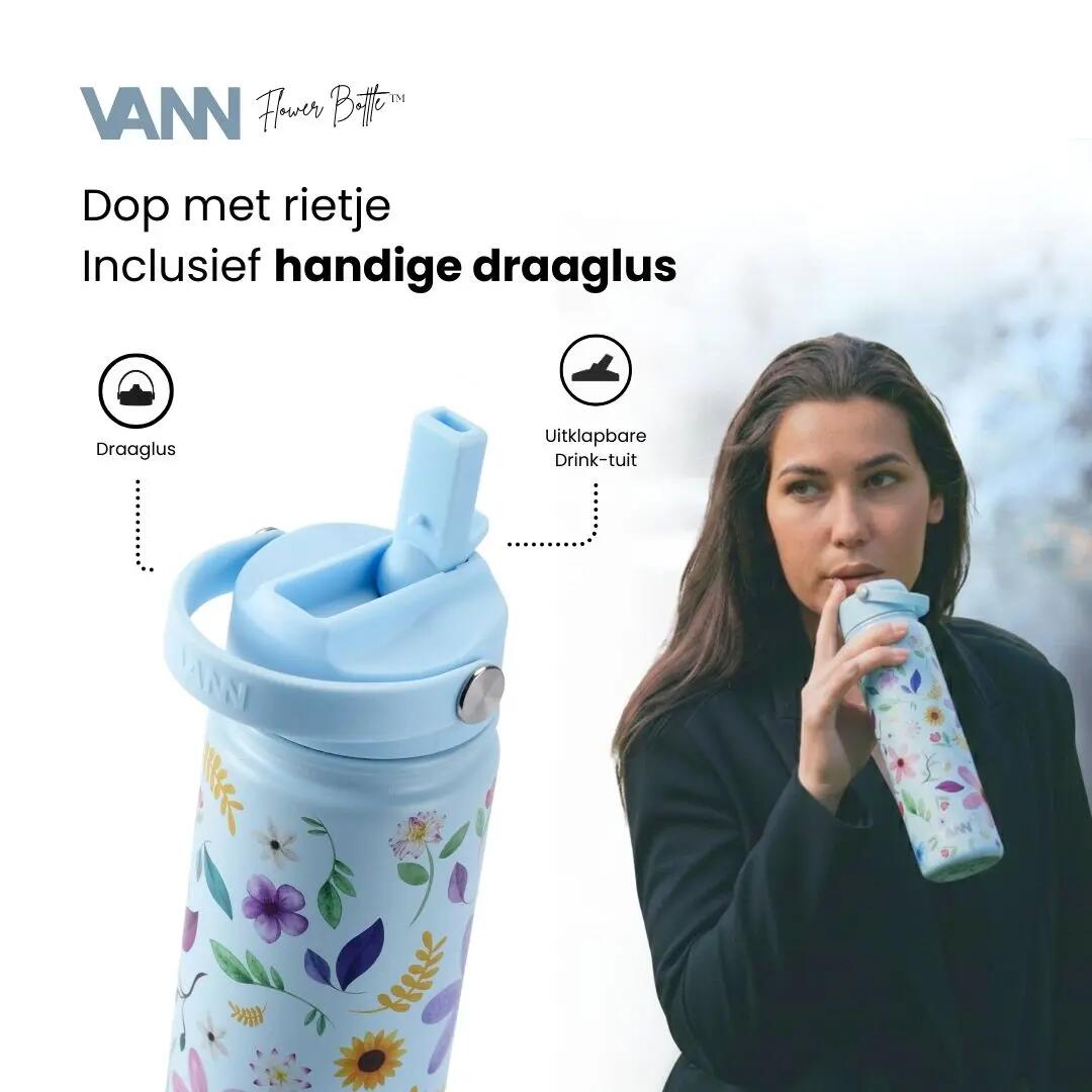 RVS drinkfles met rietje - Flower Bottle 650 ml - Blauw 5/8