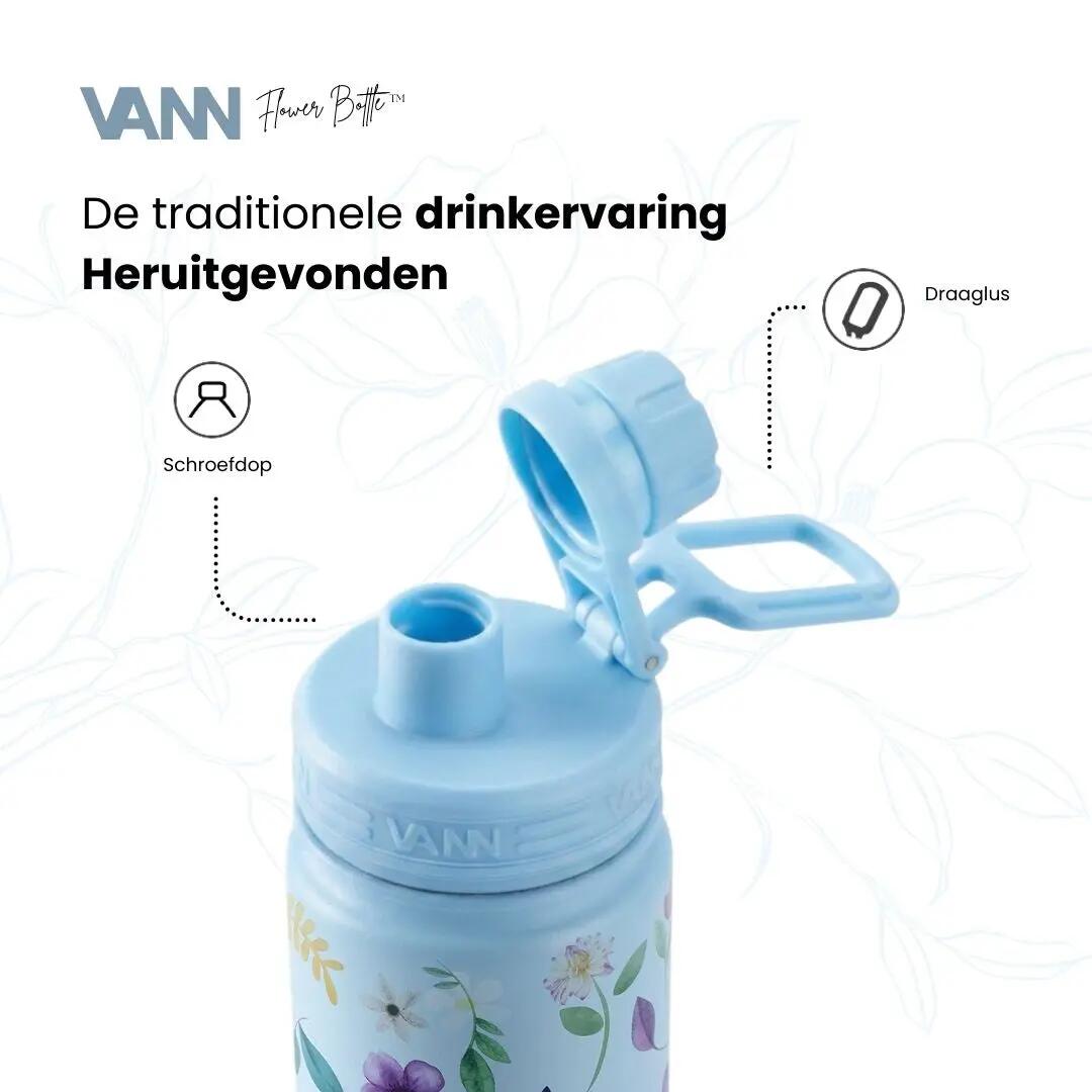 RVS drinkfles met rietje - Flower Bottle 650 ml - Blauw 4/8