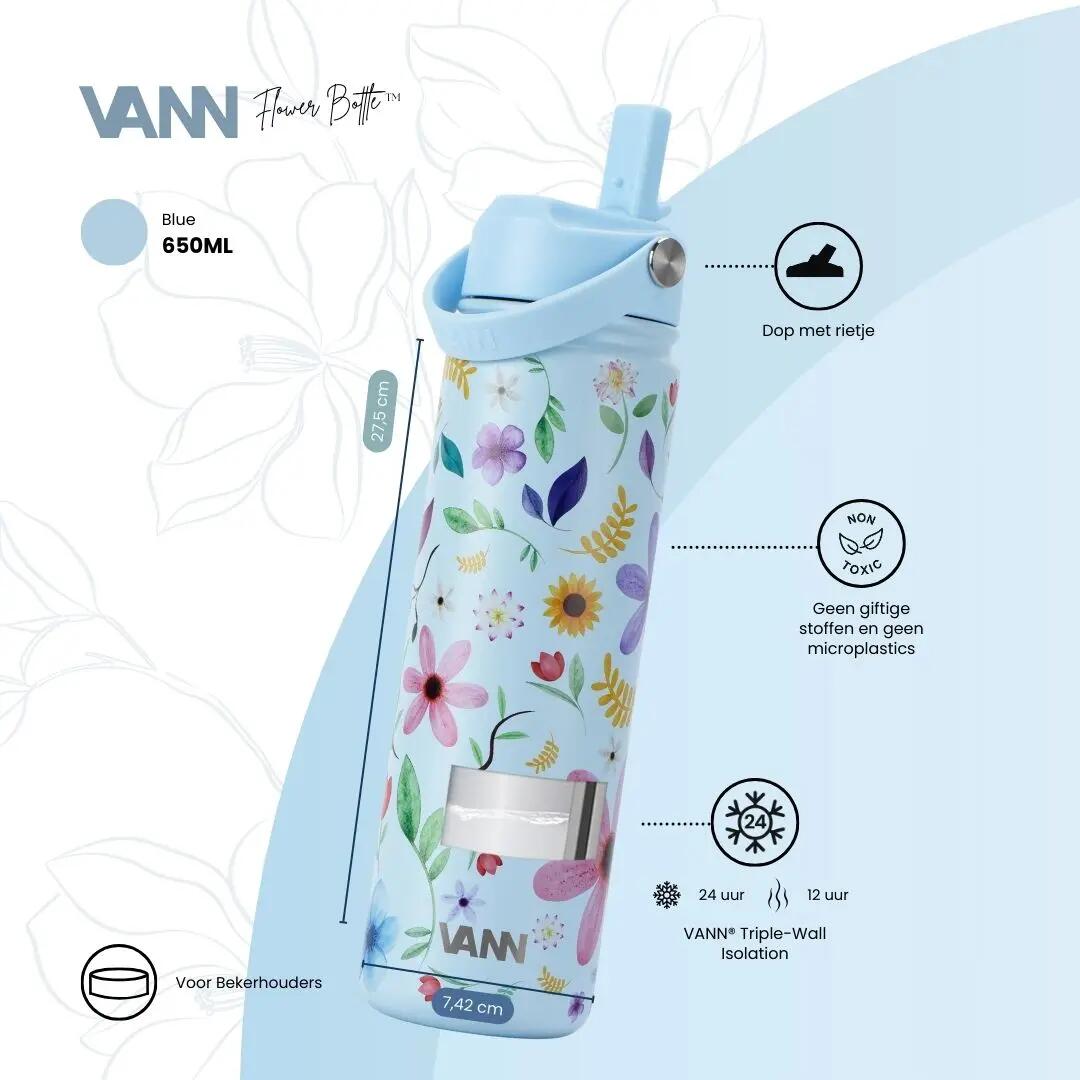 RVS drinkfles met rietje - Flower Bottle 650 ml - Blauw 2/8
