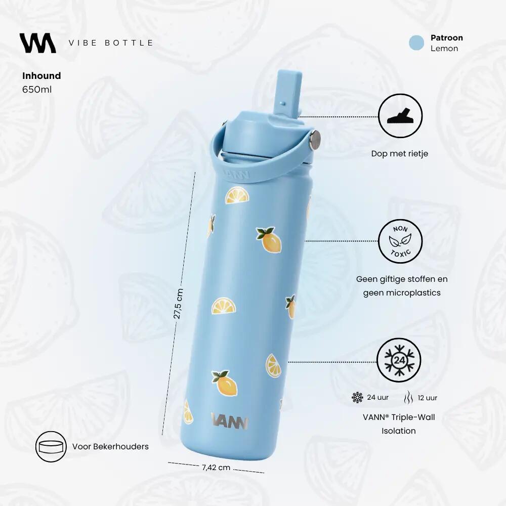 Drinkfles - Sport - Unisex - Vibe Bottle 650 ml - 3-wandig RVS gerecycled, Lemon 4/10