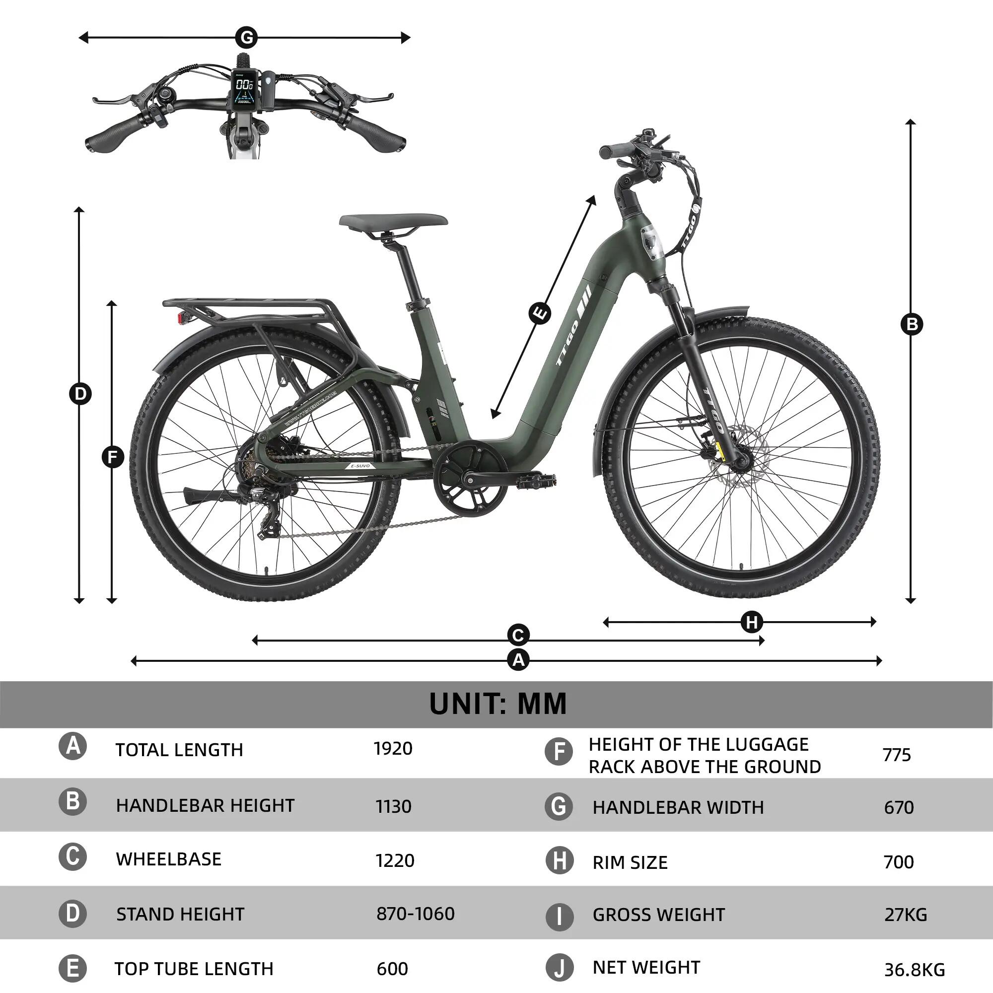 Bicicleta elétrica para adultos TTGO E-SUVO Bateria 48V15Ah 15/15