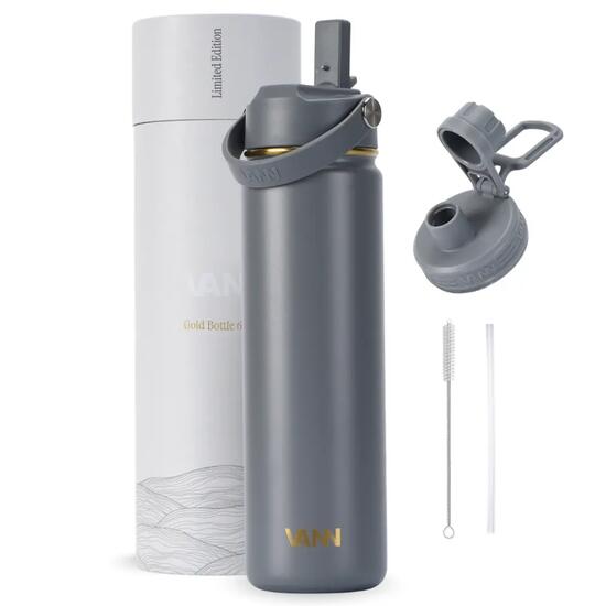 Drinkfles - Gold Bottle 650 ML - 3-wandig RVS, gouden details - Grijs