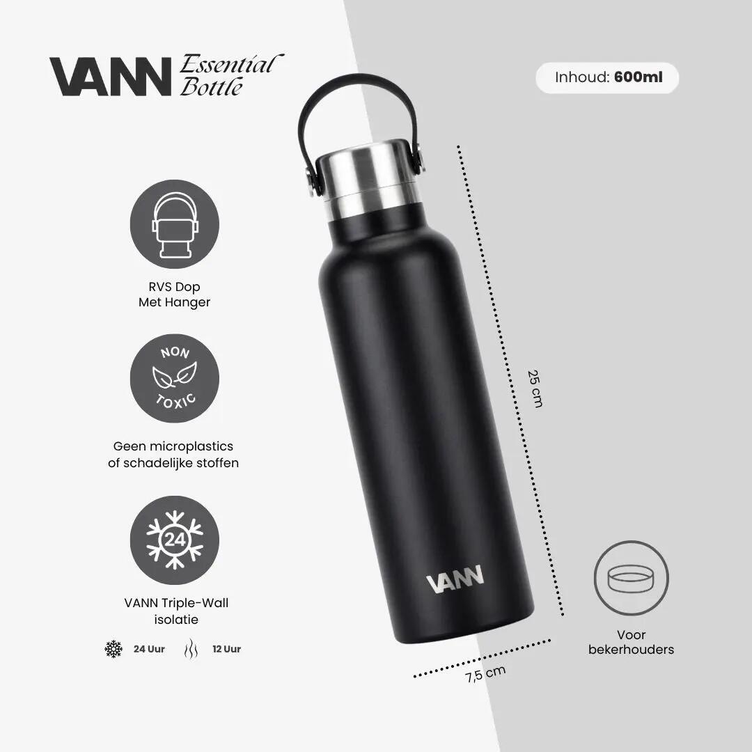 RVS waterfles - Essential Bottle 600 ml - 100% RVS, dubbelwandig - Zwart 2/10
