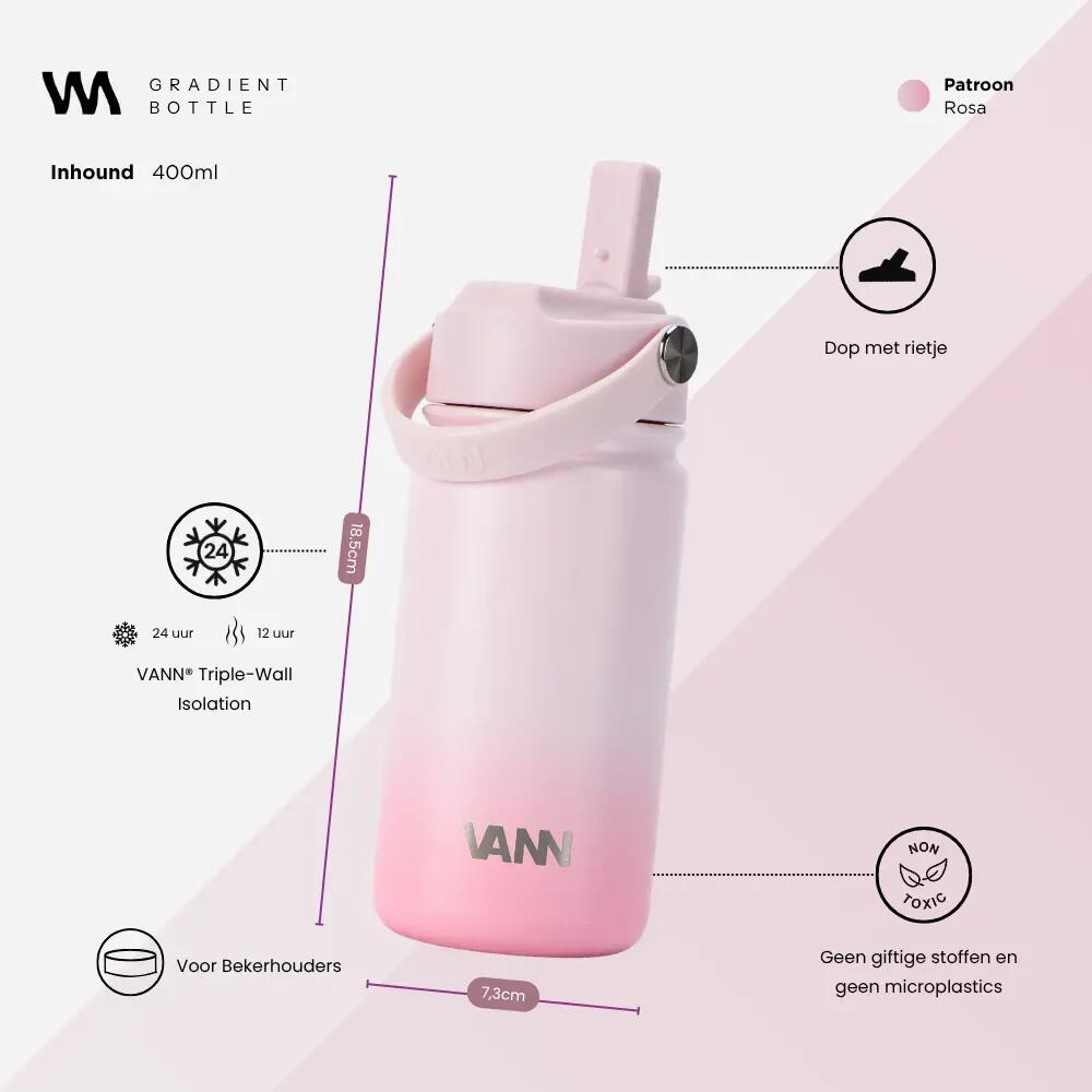 RVS drinkfles - Gradient Bottle 400 ml - 3-wandig geïsoleerd - Roze 3/9