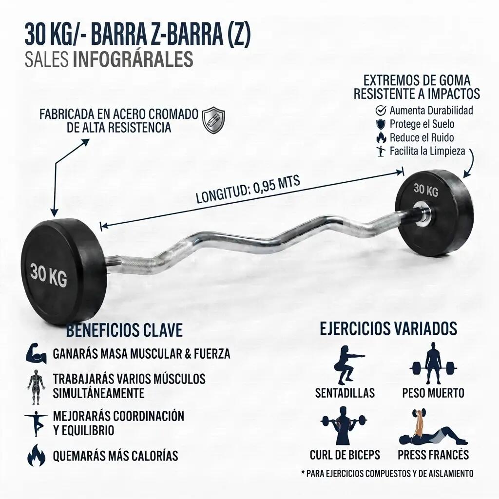 Barra de Pesas Curvada o Z Montada 30 kg Musculación Fitness 2/3