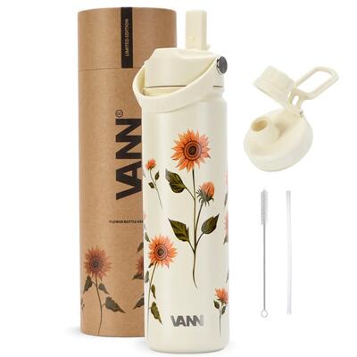 Rvs drinkfles met rietje - flower bottle 650 ml - geel