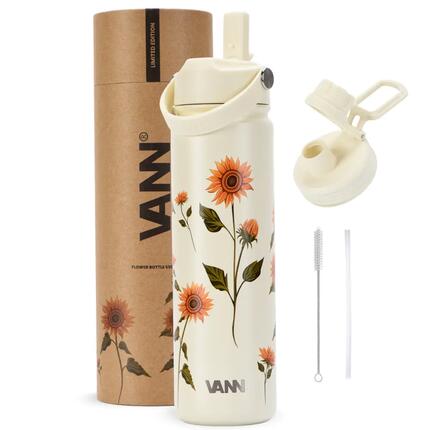 Drinkfles - Flower Bottle 650 ML - 3-wandig RVS, bloemenprint - Sunflower