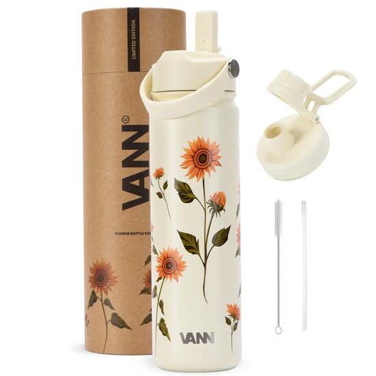 Drinkfles - Flower Bottle 650 ML - 3-wandig RVS, bloemenprint - Sunflower