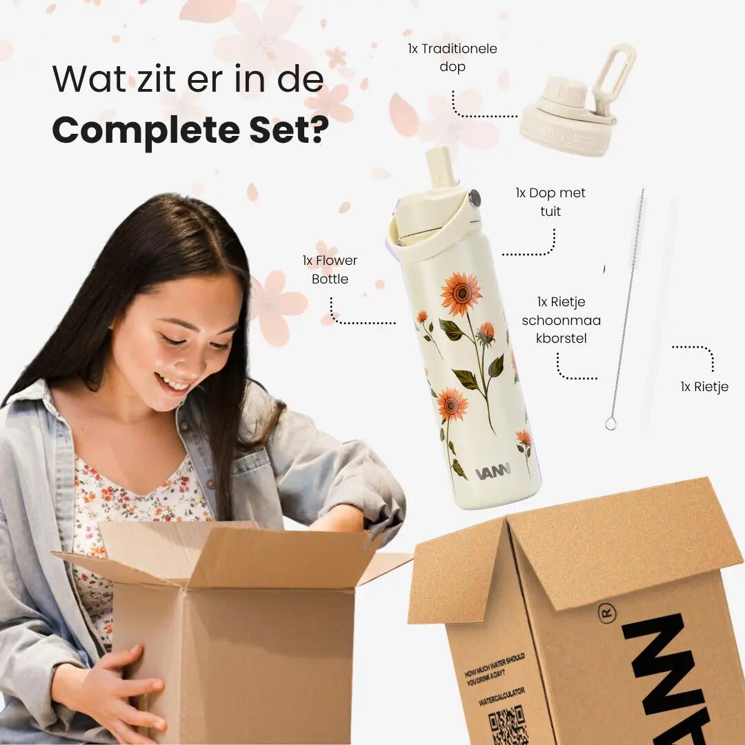RVS drinkfles met rietje - Flower Bottle 650 ml - Geel 6/8