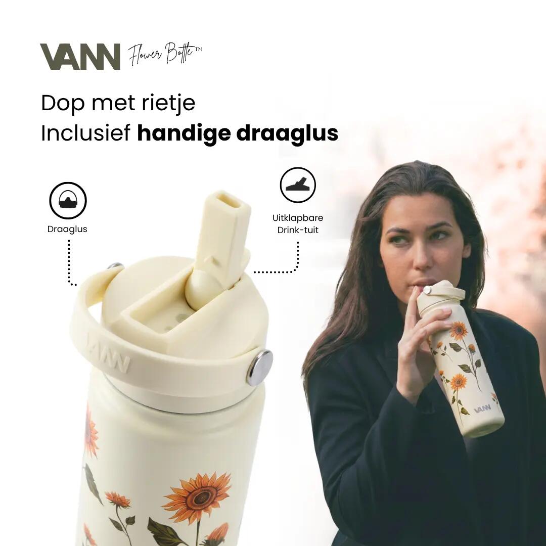 RVS drinkfles met rietje - Flower Bottle 650 ml - Geel 5/8