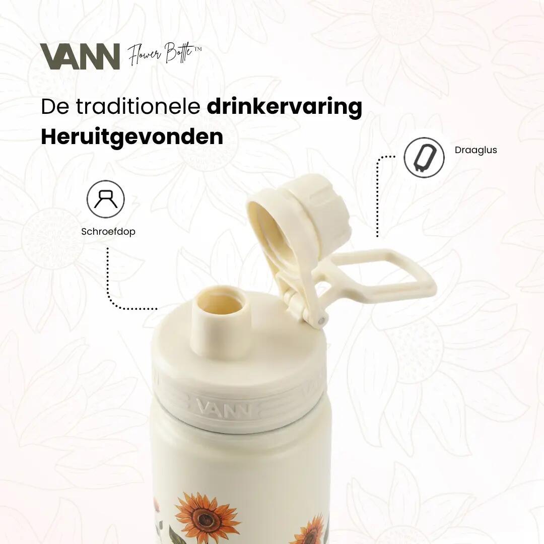 RVS drinkfles met rietje - Flower Bottle 650 ml - Geel 4/8