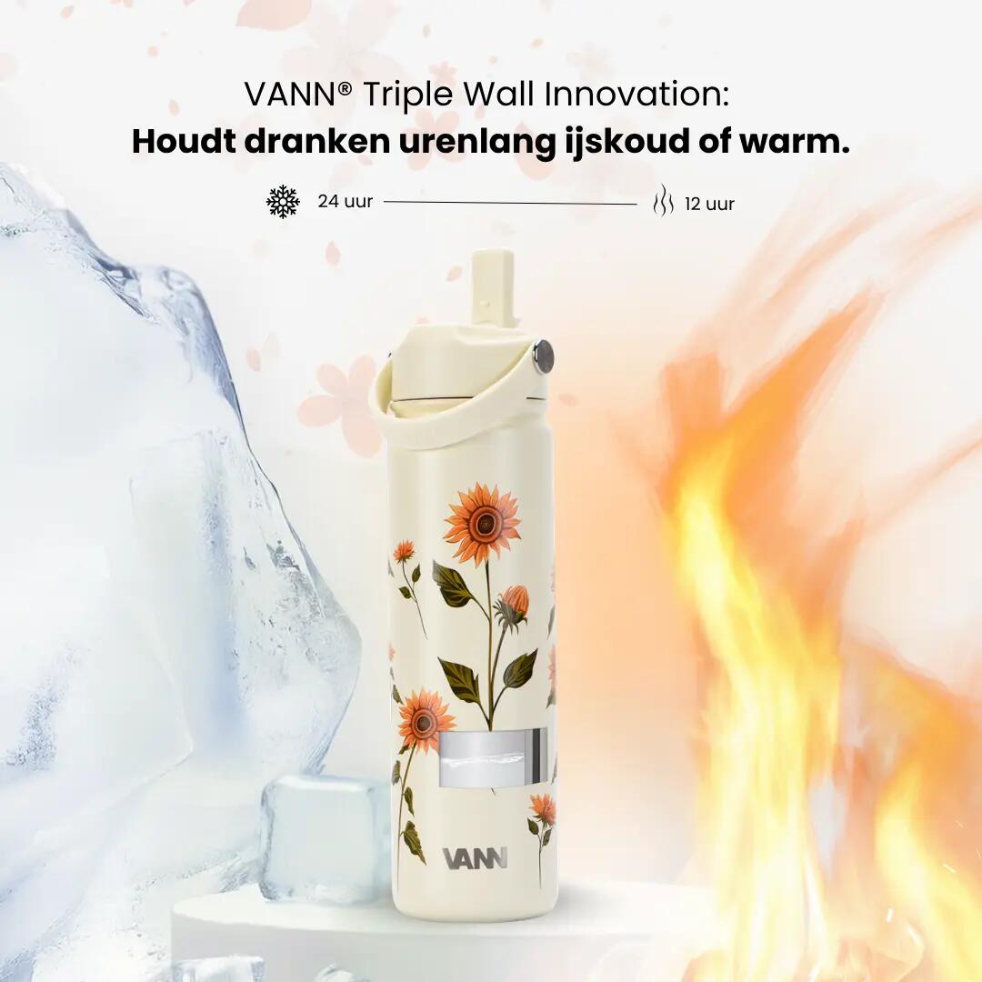 RVS drinkfles met rietje - Flower Bottle 650 ml - Geel 3/8