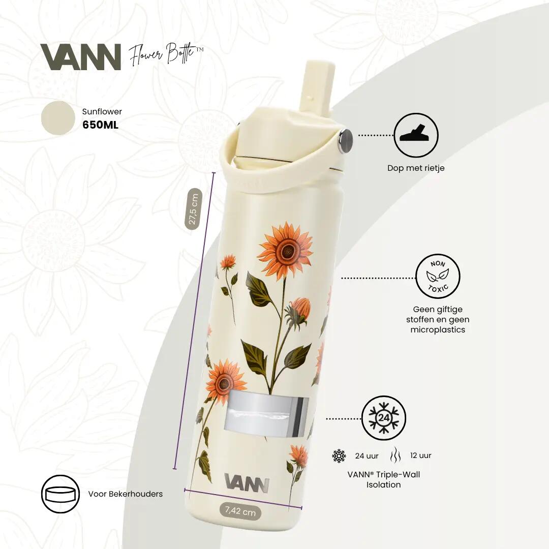 RVS drinkfles met rietje - Flower Bottle 650 ml - Geel 2/8