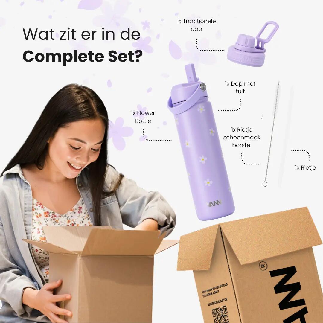 RVS drinkfles met rietje - Flower Bottle 650 ml - Lila Flowers 7/9