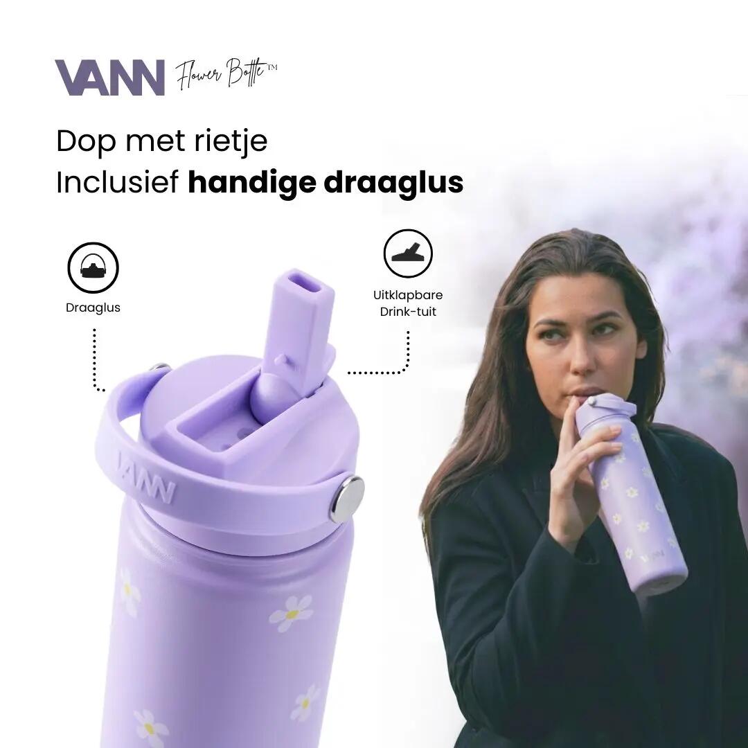 RVS drinkfles met rietje - Flower Bottle 650 ml - Lila Flowers 5/9