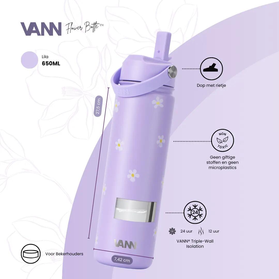 RVS drinkfles met rietje - Flower Bottle 650 ml - Lila Flowers 2/9