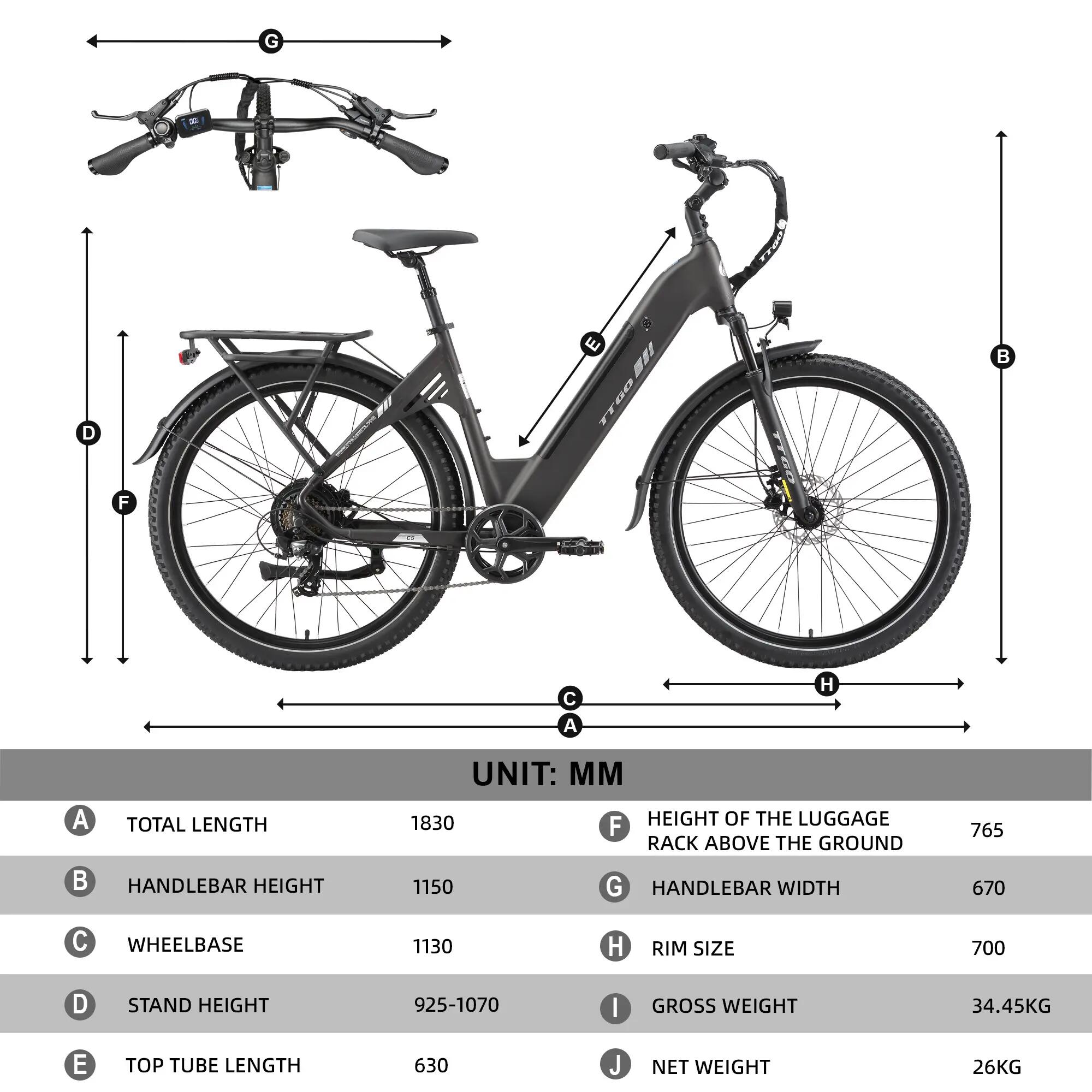 Bicicleta elétrica para adultos TTGO C5 Bateria 48V 13.5Ah Pneu 27,5 polegadas 13/13