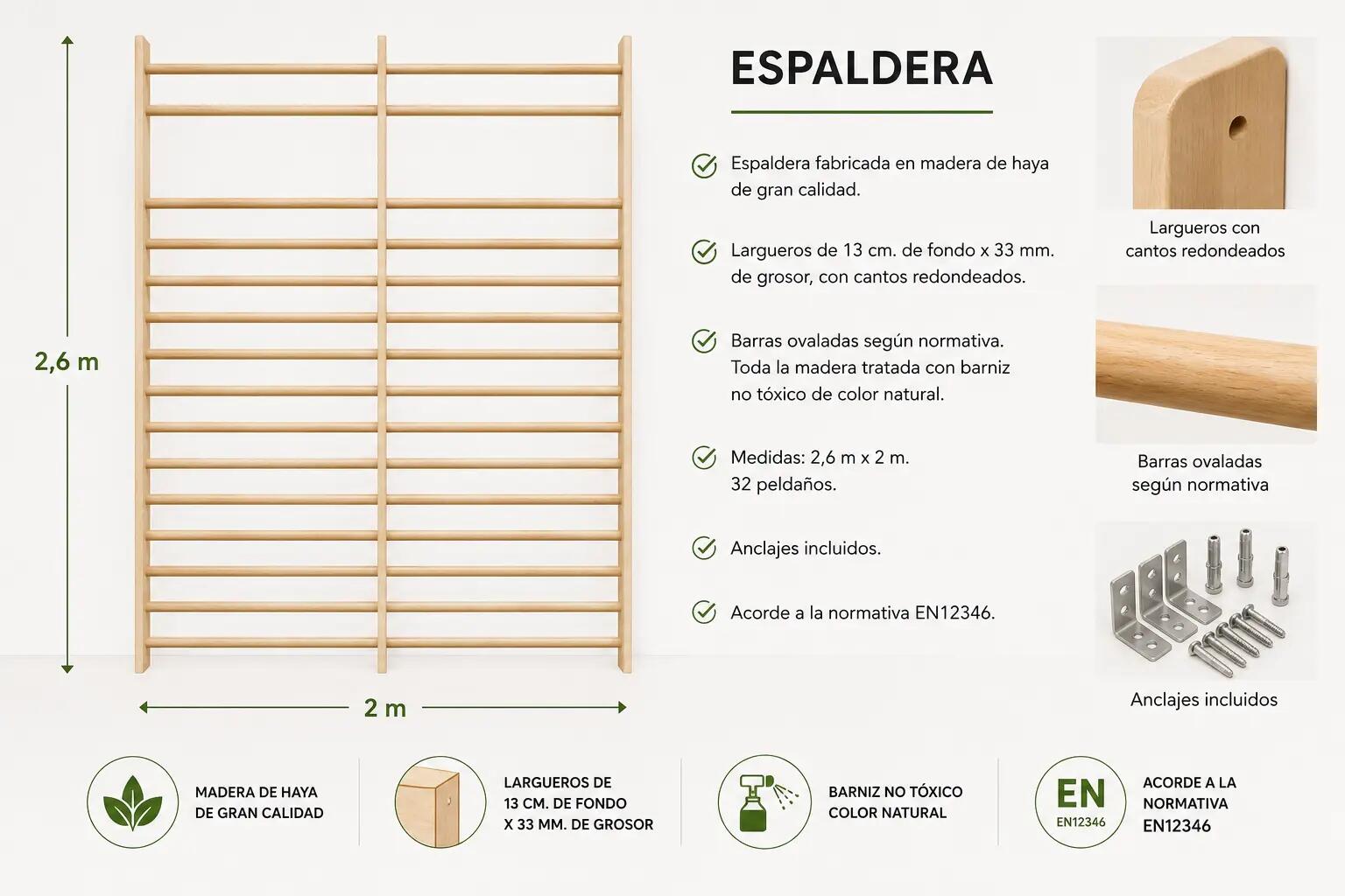 Espaldera Doble Madera de Haya 2,6 m x 2 m Fitness 3/3