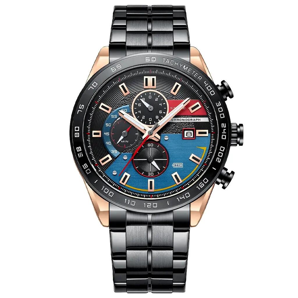 Stainless Steel Chronograph Watch w/ Luminous Hands & Auto Date – 45mm