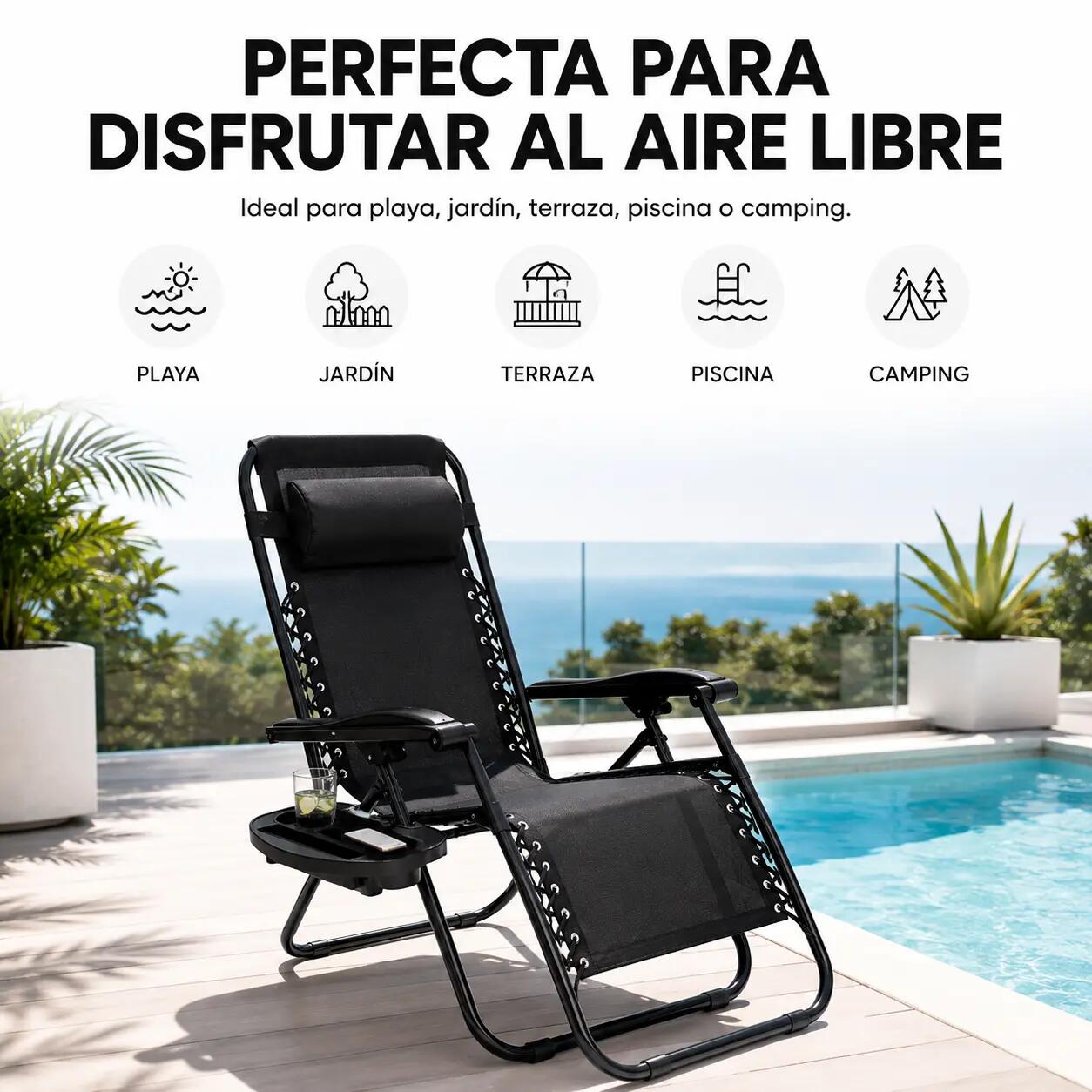 Pack 2 Tumbonas Plegables Playa Negra Con Portavasos 7/7